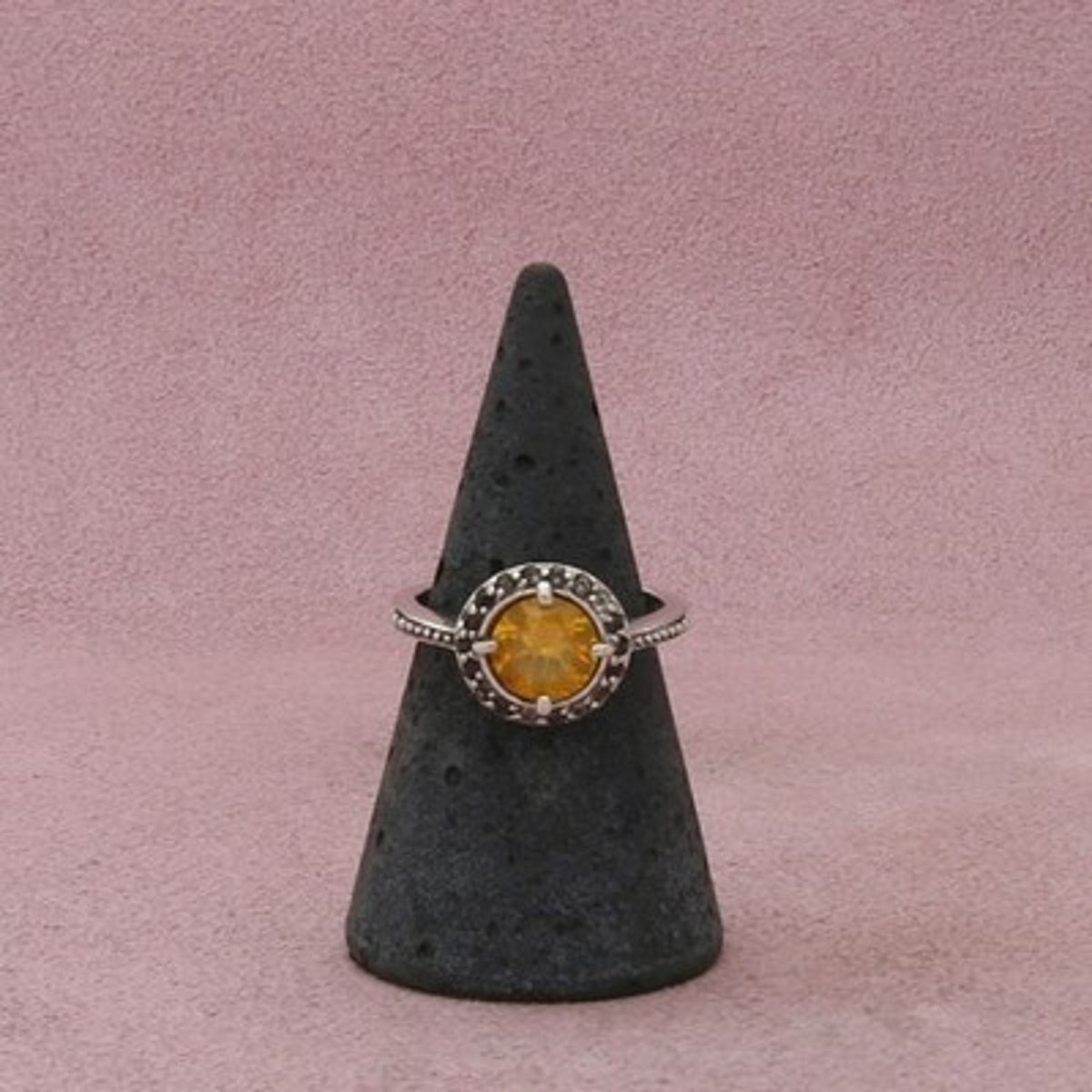 Sterling Silver Yellow Sapphire & Cz Halo Ring Size 7