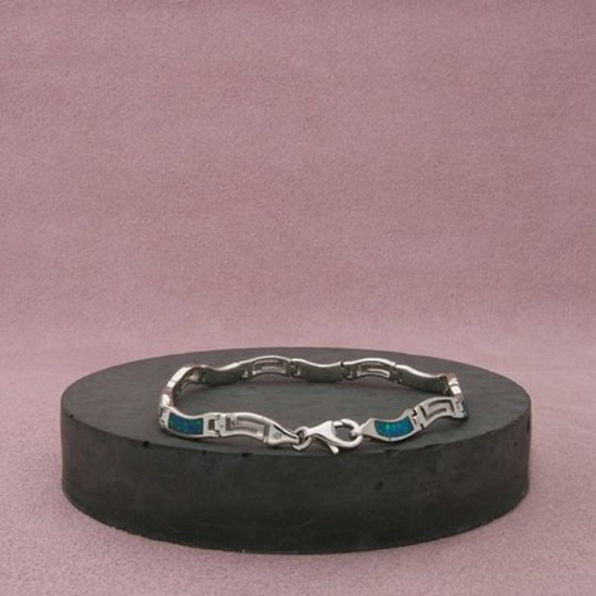 Sterling Silver Blue Opal Inlay Greek Key Bracelet Size 6.75in