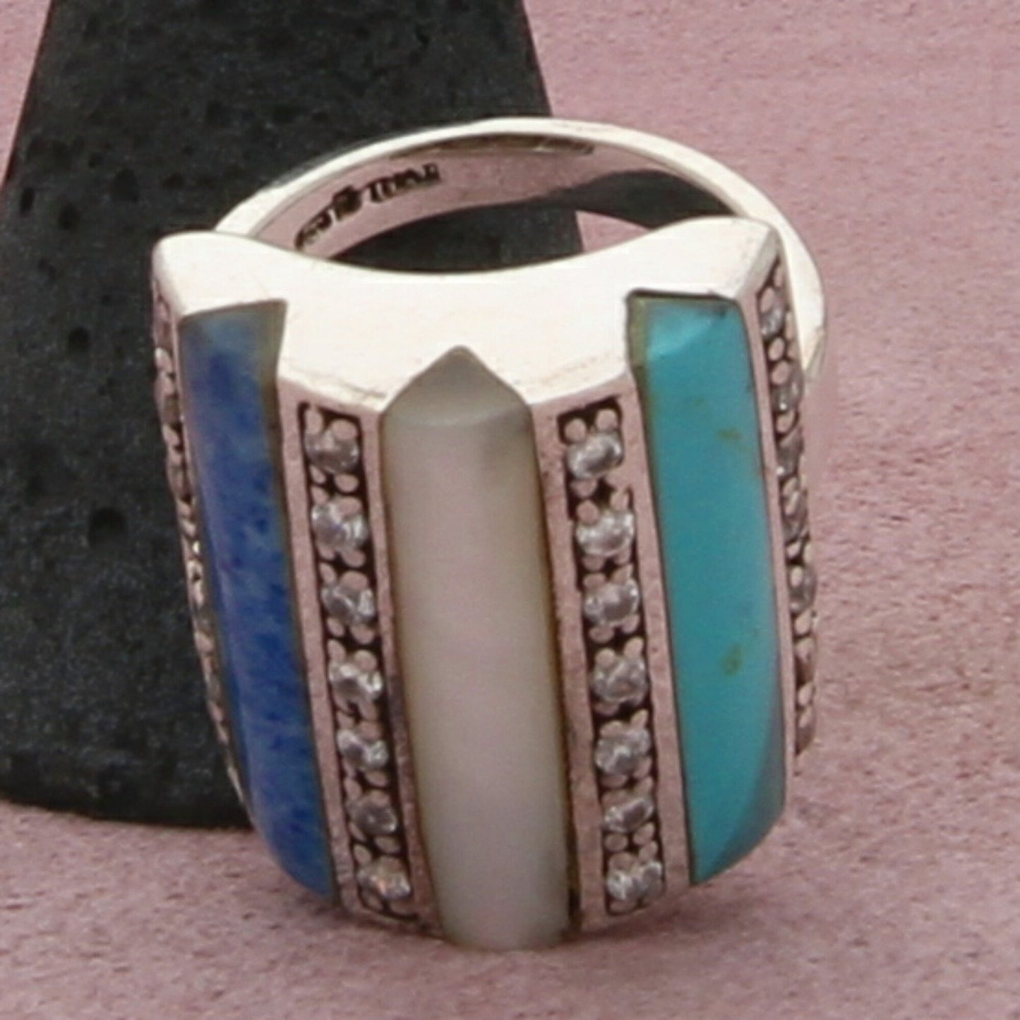 sterling silver elongated mother of pearl turquoise cz ring size 6.75