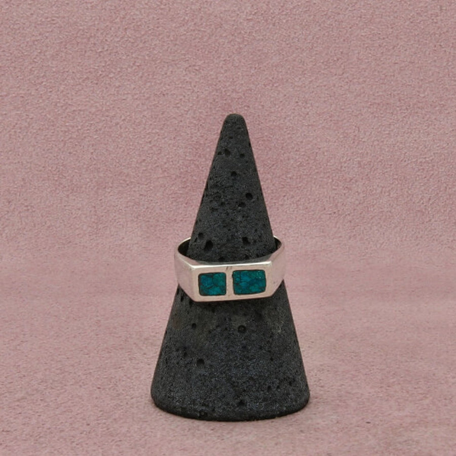 Sterling Silver Vintage Chrysocolla Flat Top Rectangular Inlay Band Ring 6.75