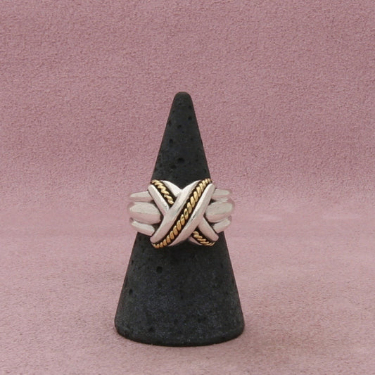 tiffany & co sterling silver & 18k gold vintage x crossover ring size 6.5