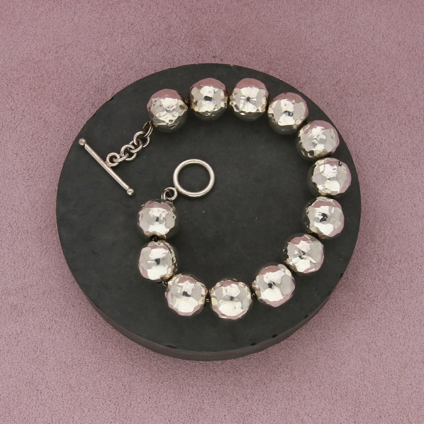 sterling silver chunky hammered bead toggle bracelet size 7in