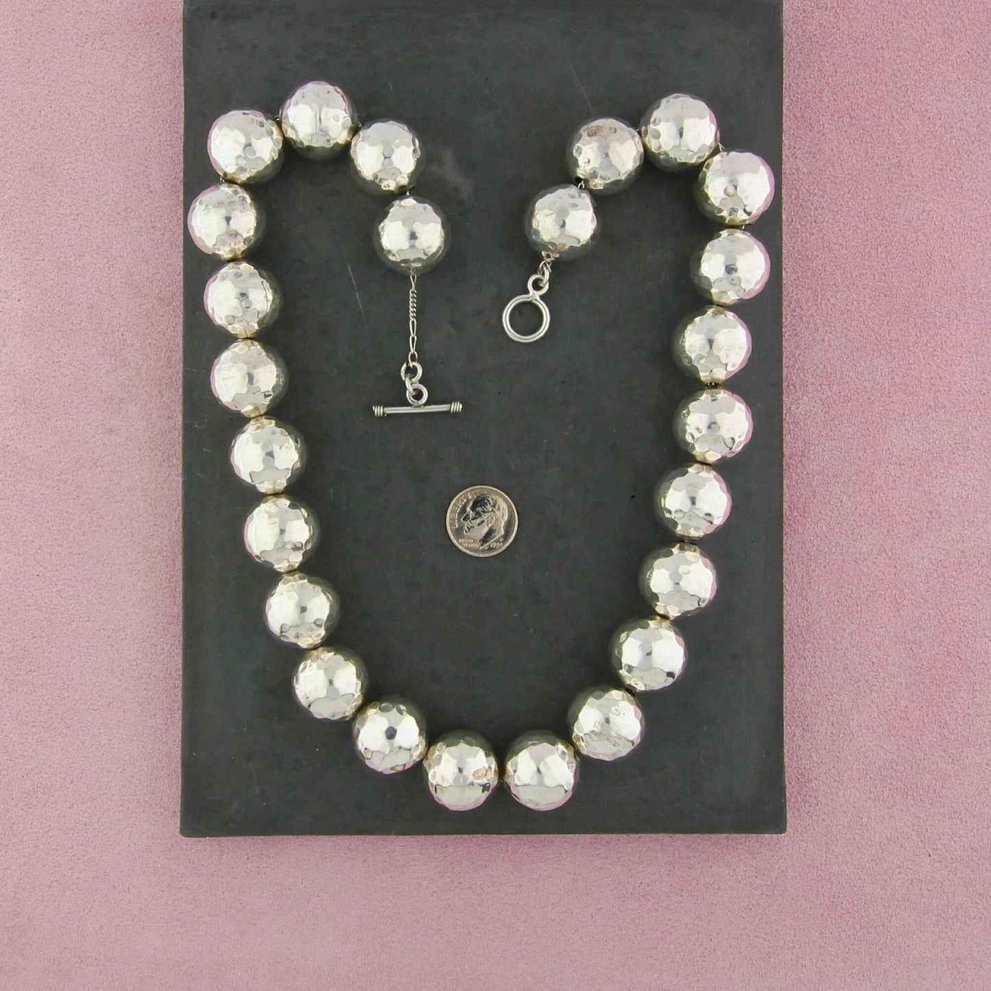 sterling silver chunky hammered bead toggle necklace size 21in