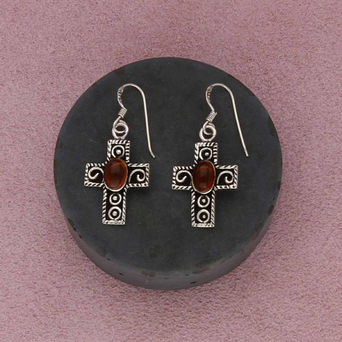 sterling silver amber cross dangle earrings