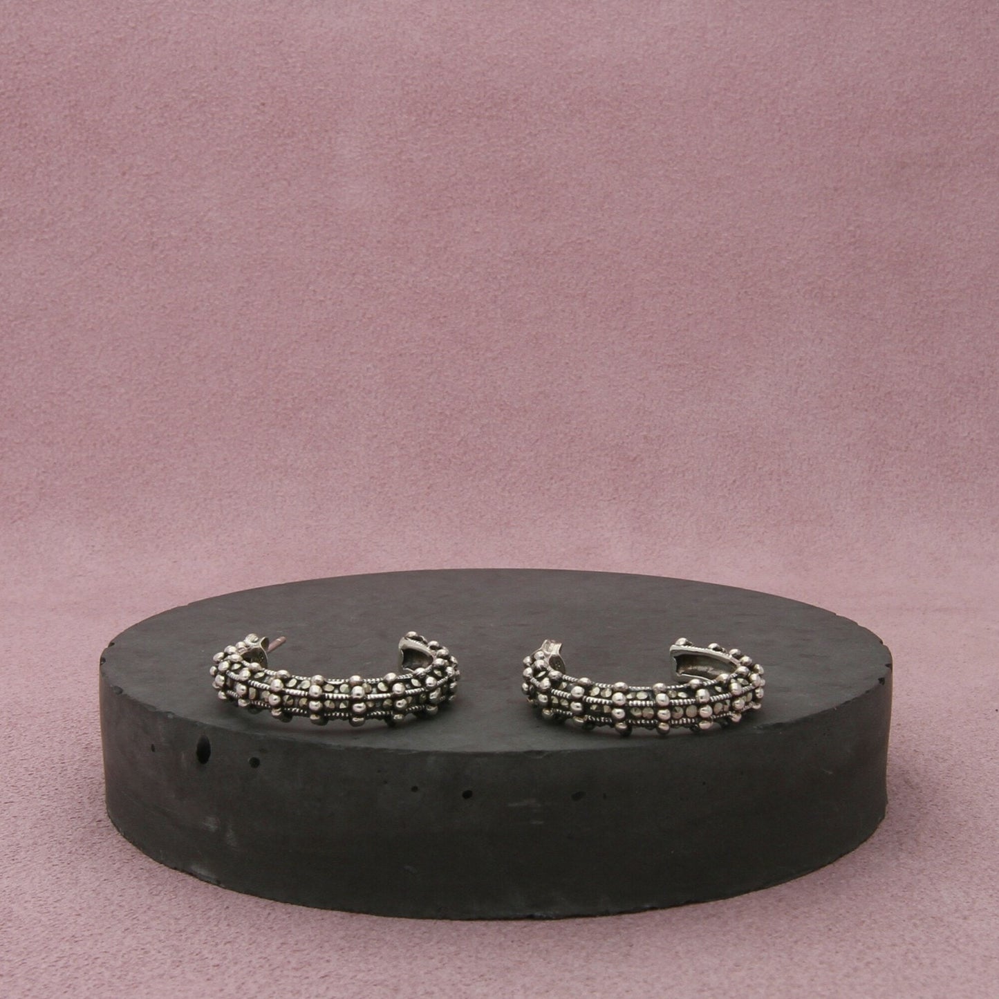 sterling silver 25mm beaded marcasite j-hoop earrings