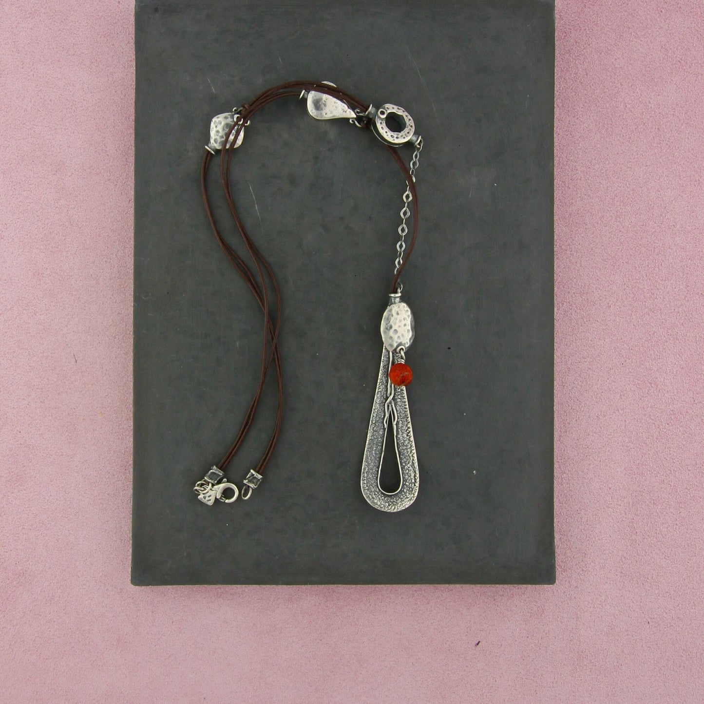 silpada sterling silver coral tear drop leather n1950 necklace size 22in