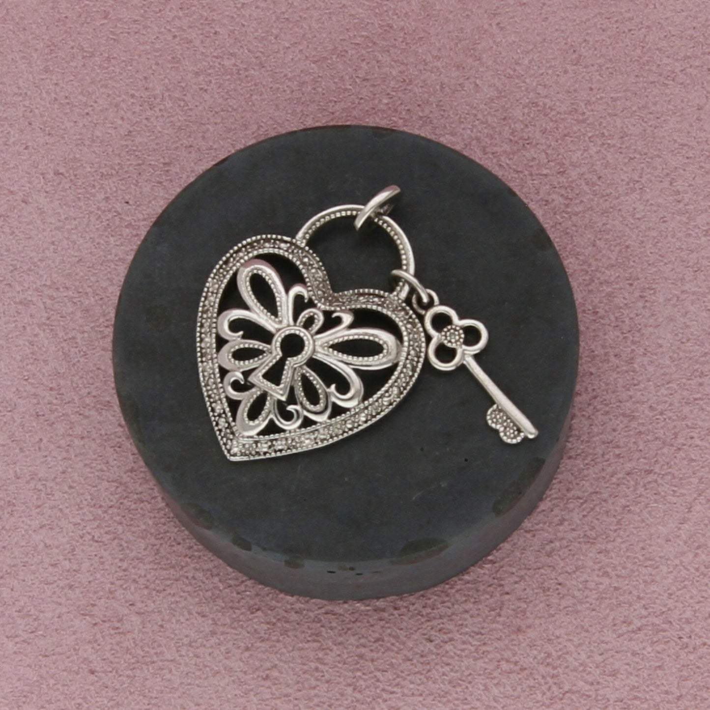 sterling silver diamond accent heart padlock & key pendant