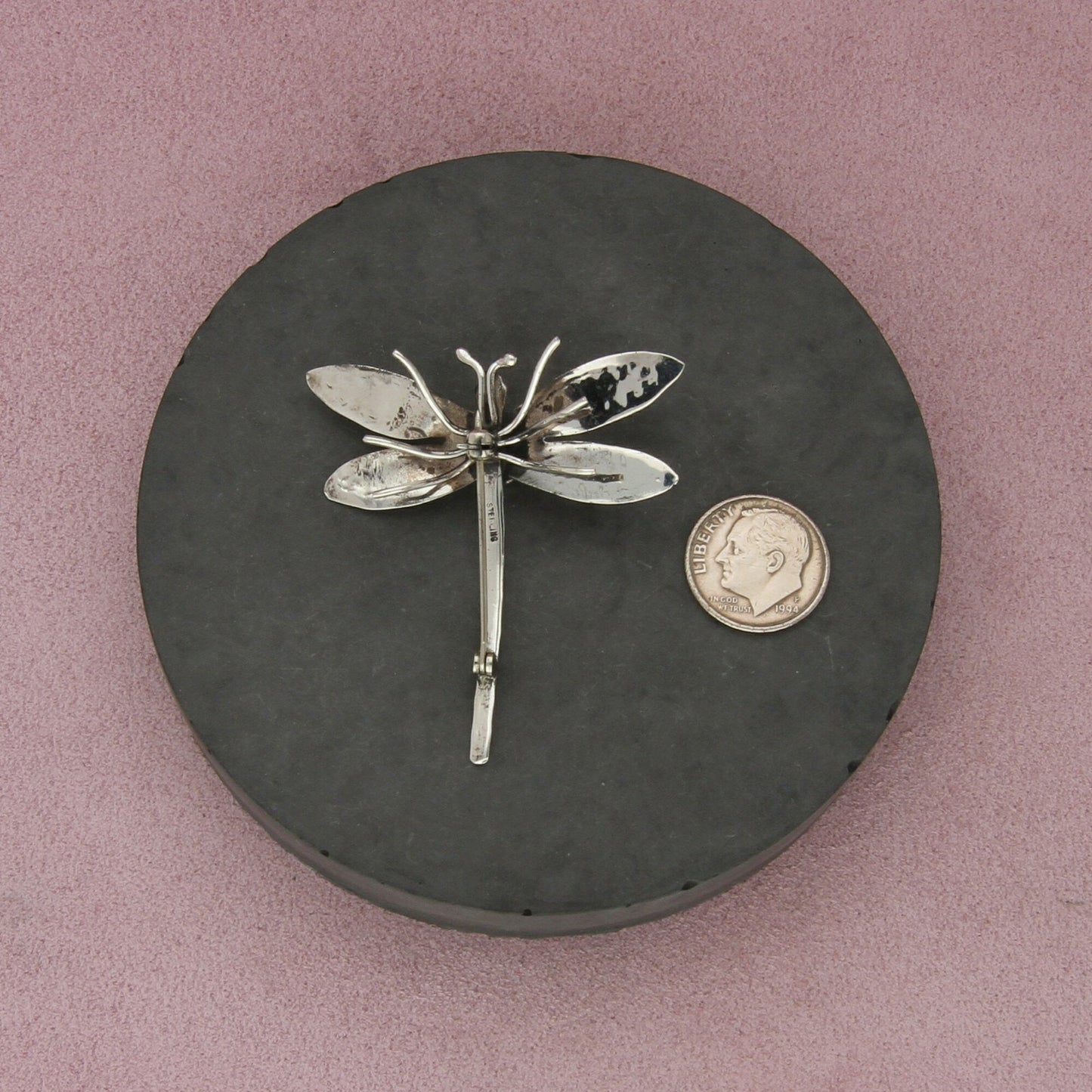 navajo sterling silver vintage onyx stamped dragonfly brooch