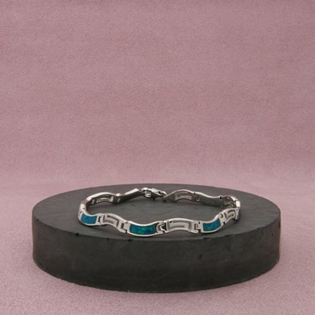 Sterling Silver Blue Opal Inlay Greek Key Bracelet Size 6.75in