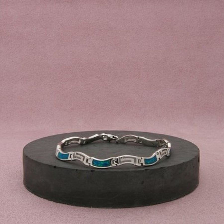 Sterling Silver Blue Opal Inlay Greek Key Bracelet Size 6.75in