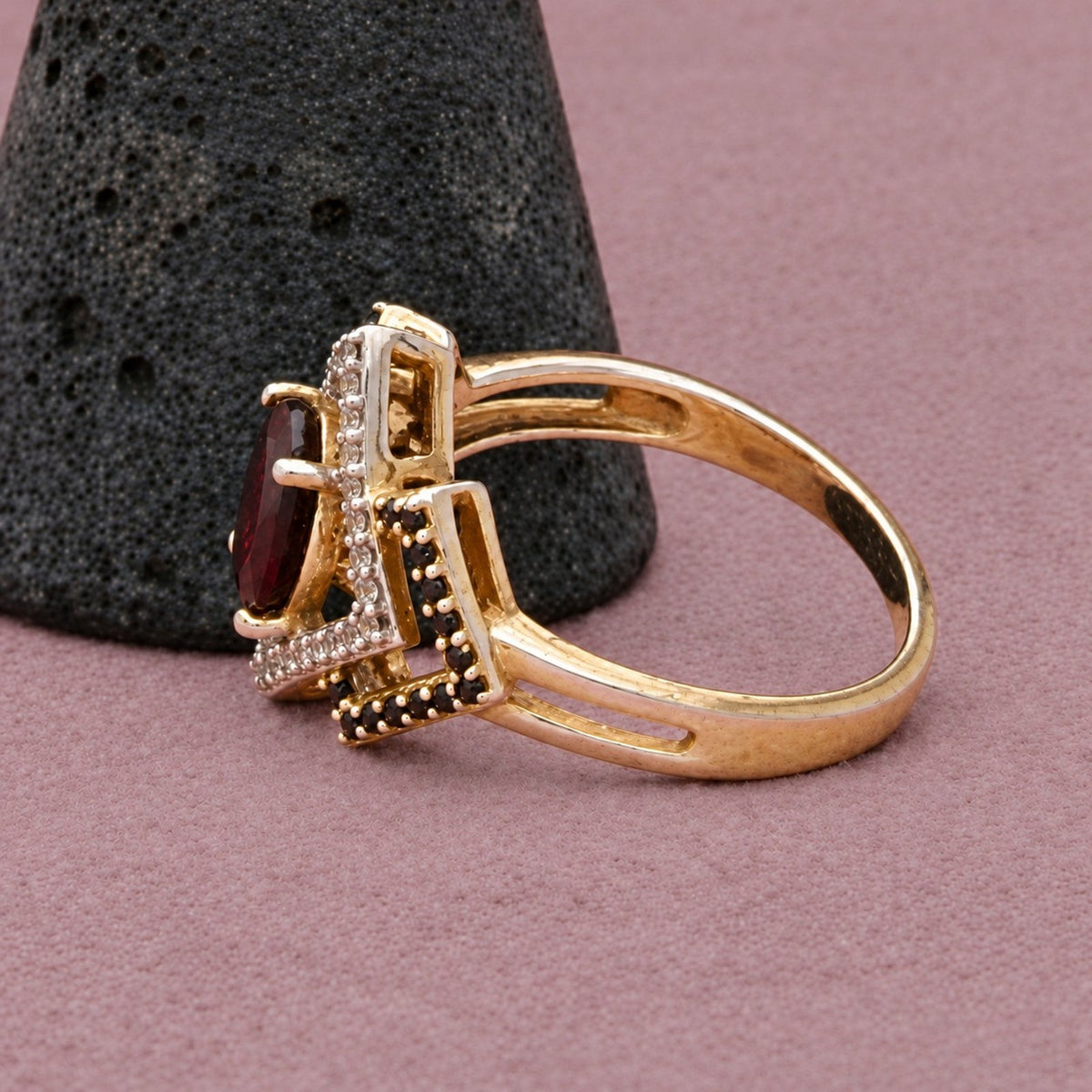 Sterling Silver Gold Plate Garnet & Cz & Black Spinel Geometric Halo Ring 7