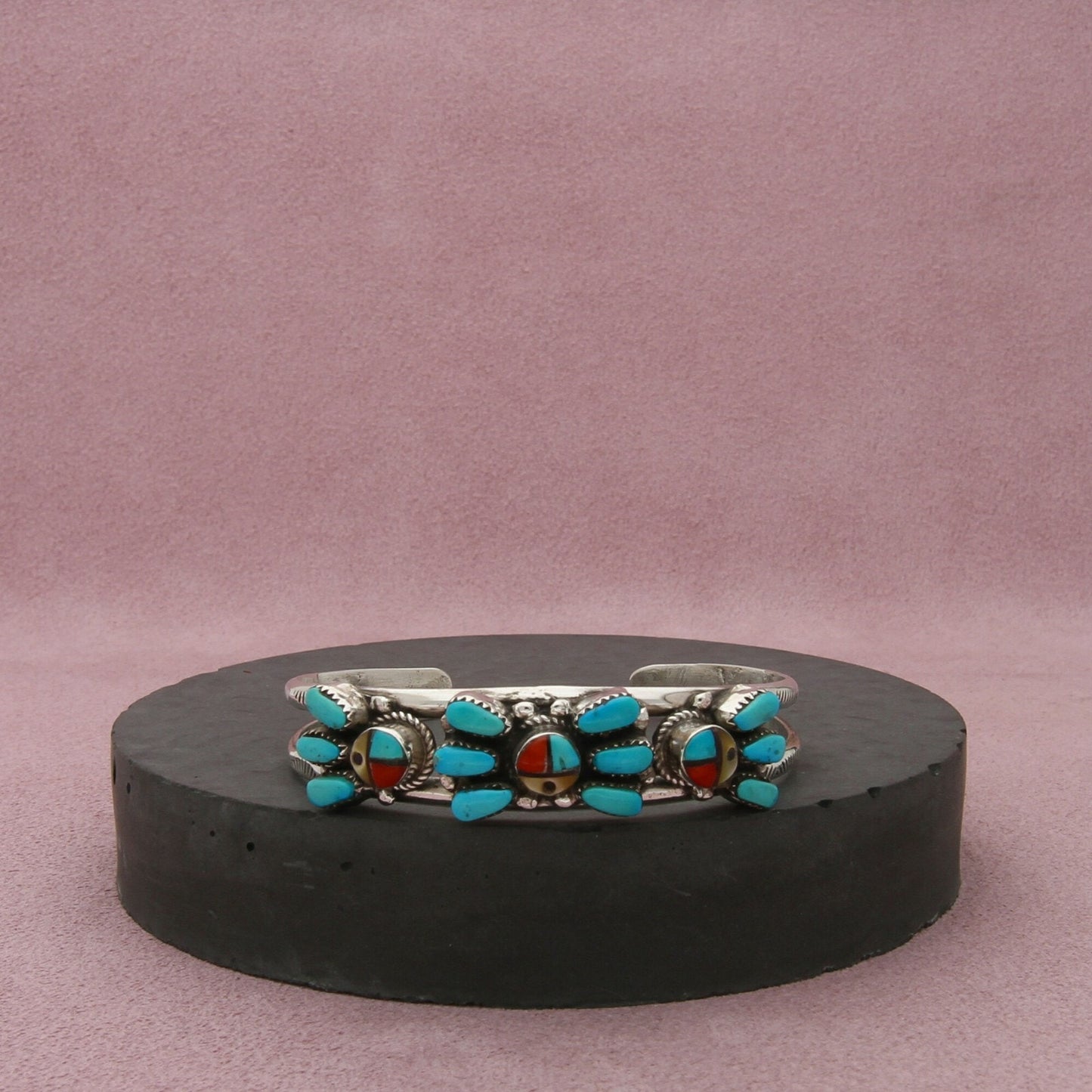 zuni sterling silver vintage signed turquoise sunface cuff bracelet size 5.75in