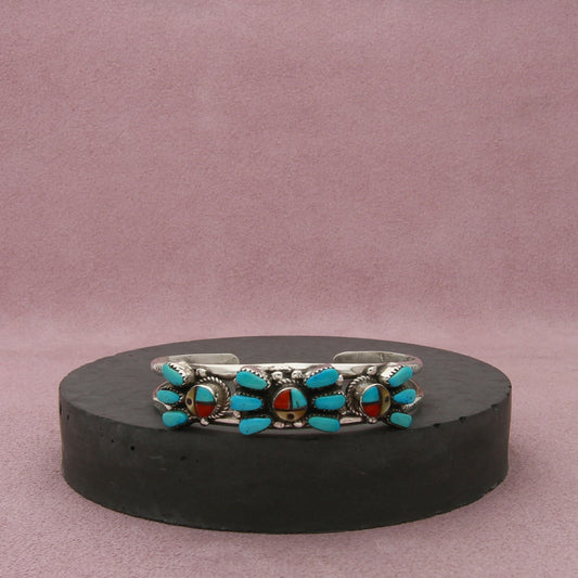 zuni sterling silver vintage signed turquoise sunface cuff bracelet size 5.75in