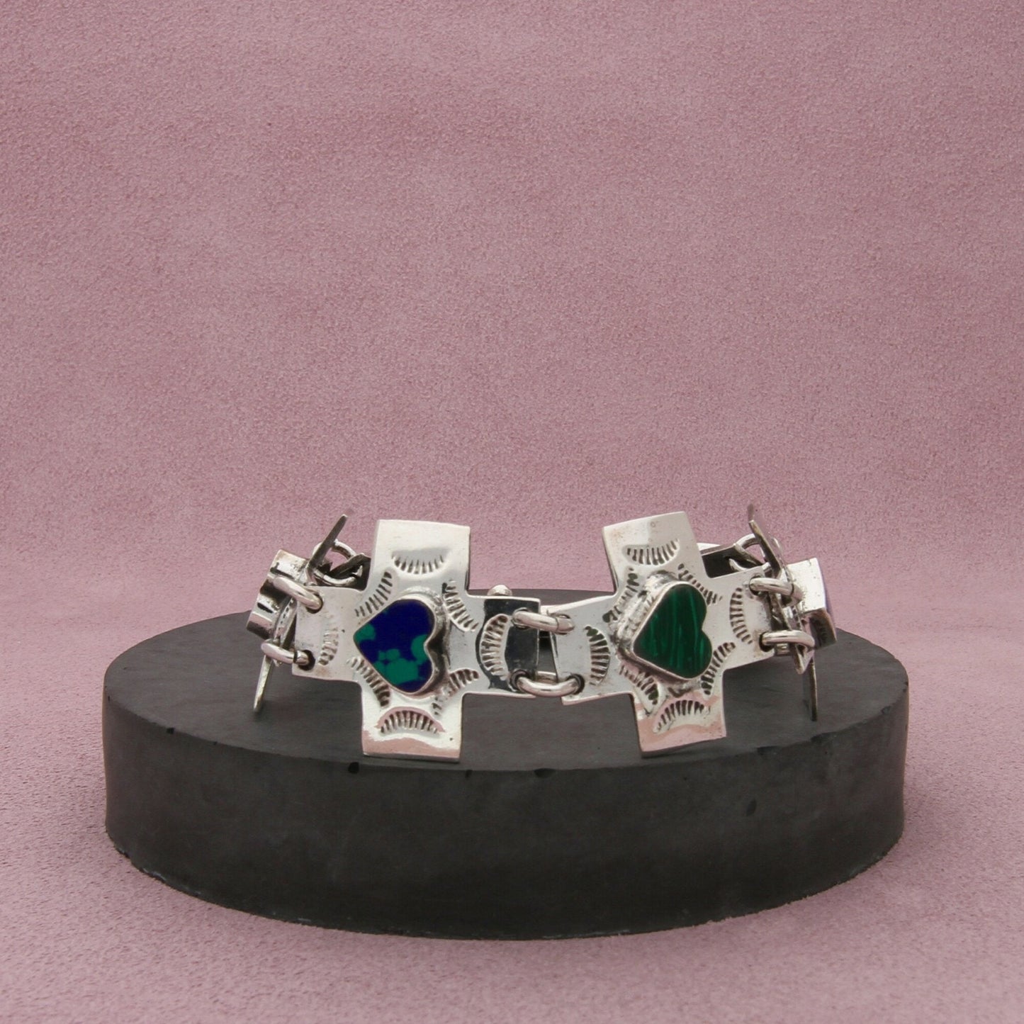 sterling silver vintage multi-stone hearts stamped cross bracelet size 7.25in