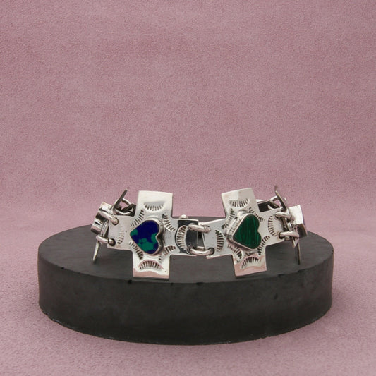 sterling silver vintage multi-stone hearts stamped cross bracelet size 7.25in
