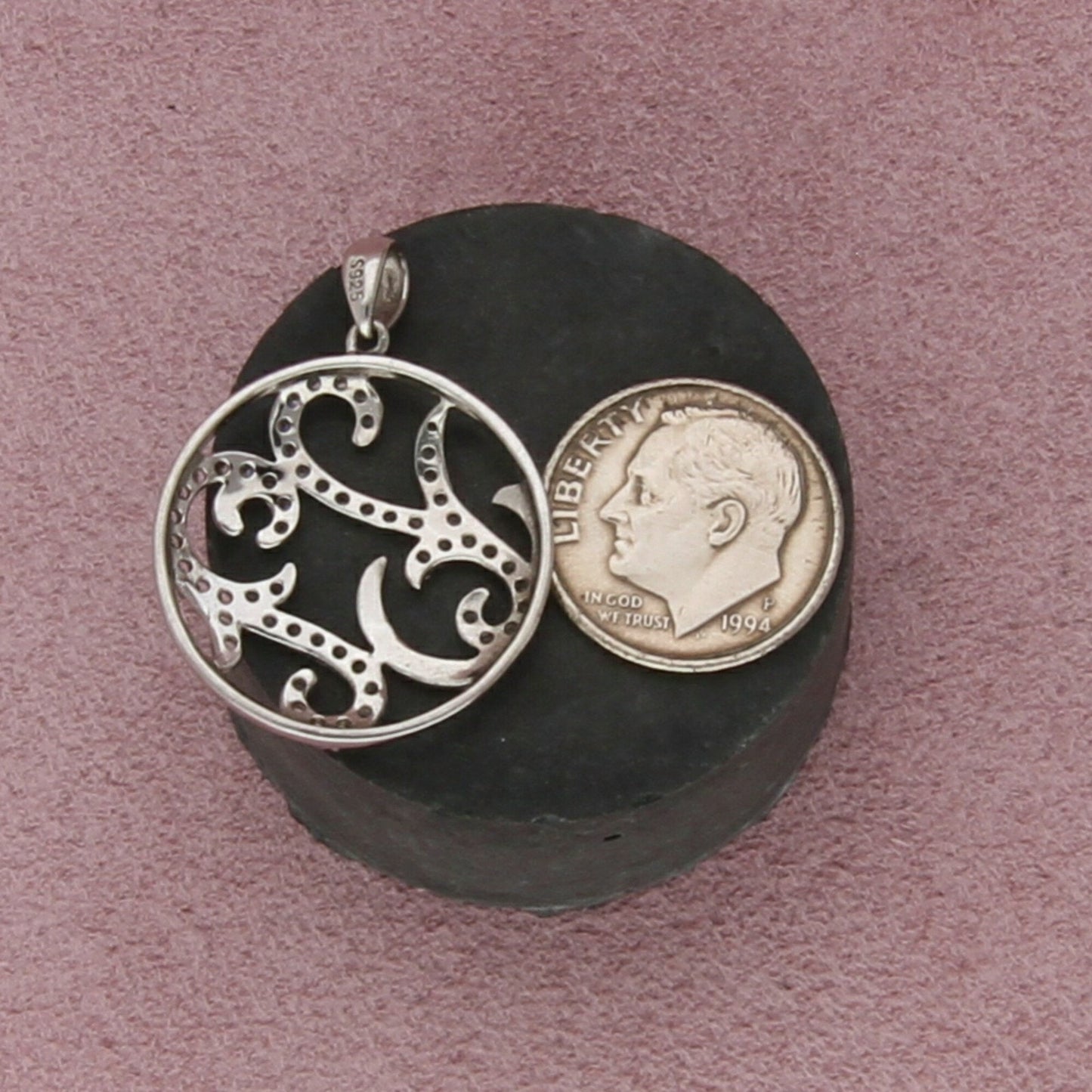 sterling silver clear cz scroll pendant