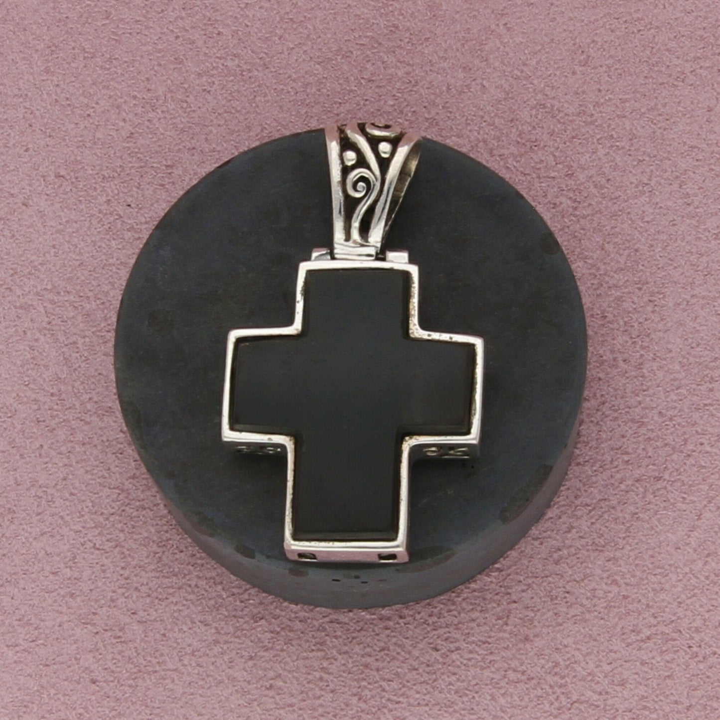 sterling silver chunky two-sided onyx & mother of pearl scroll cross pendant
