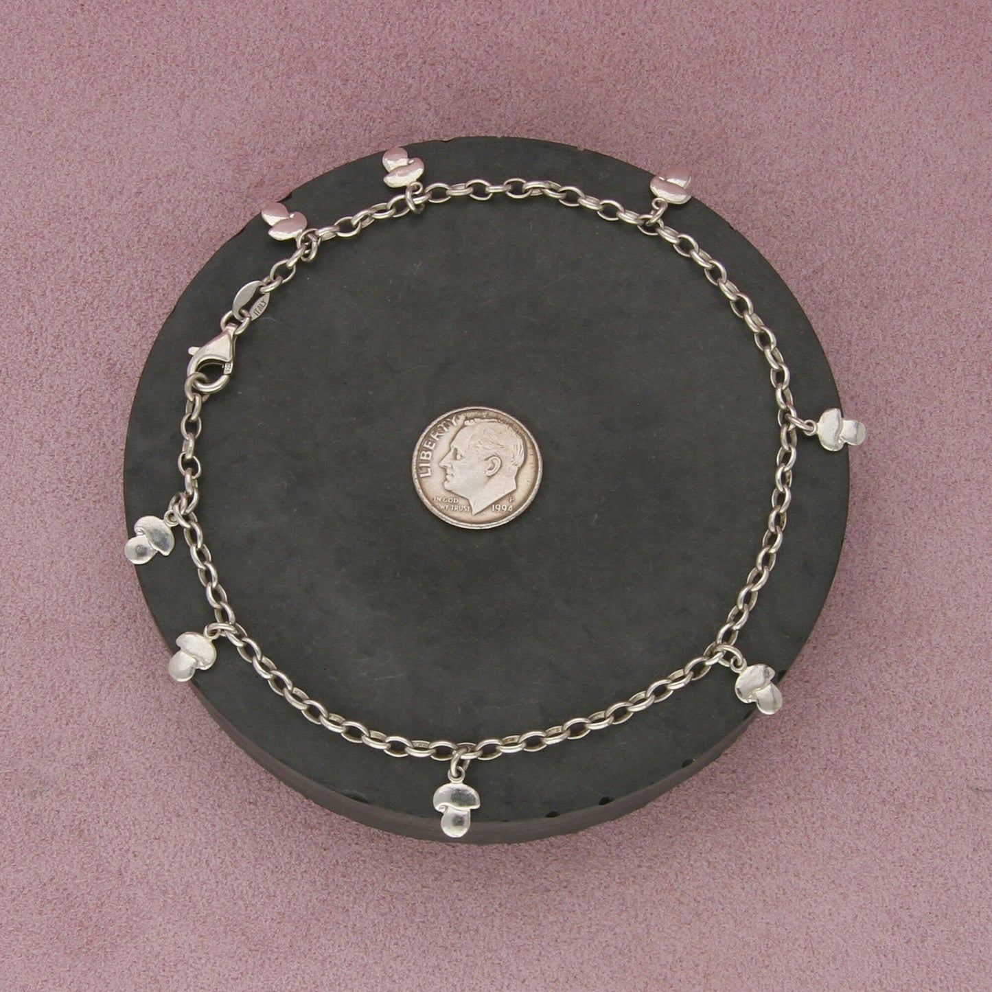 sterling silver mushroom charm anklet bracelet size 10.25in