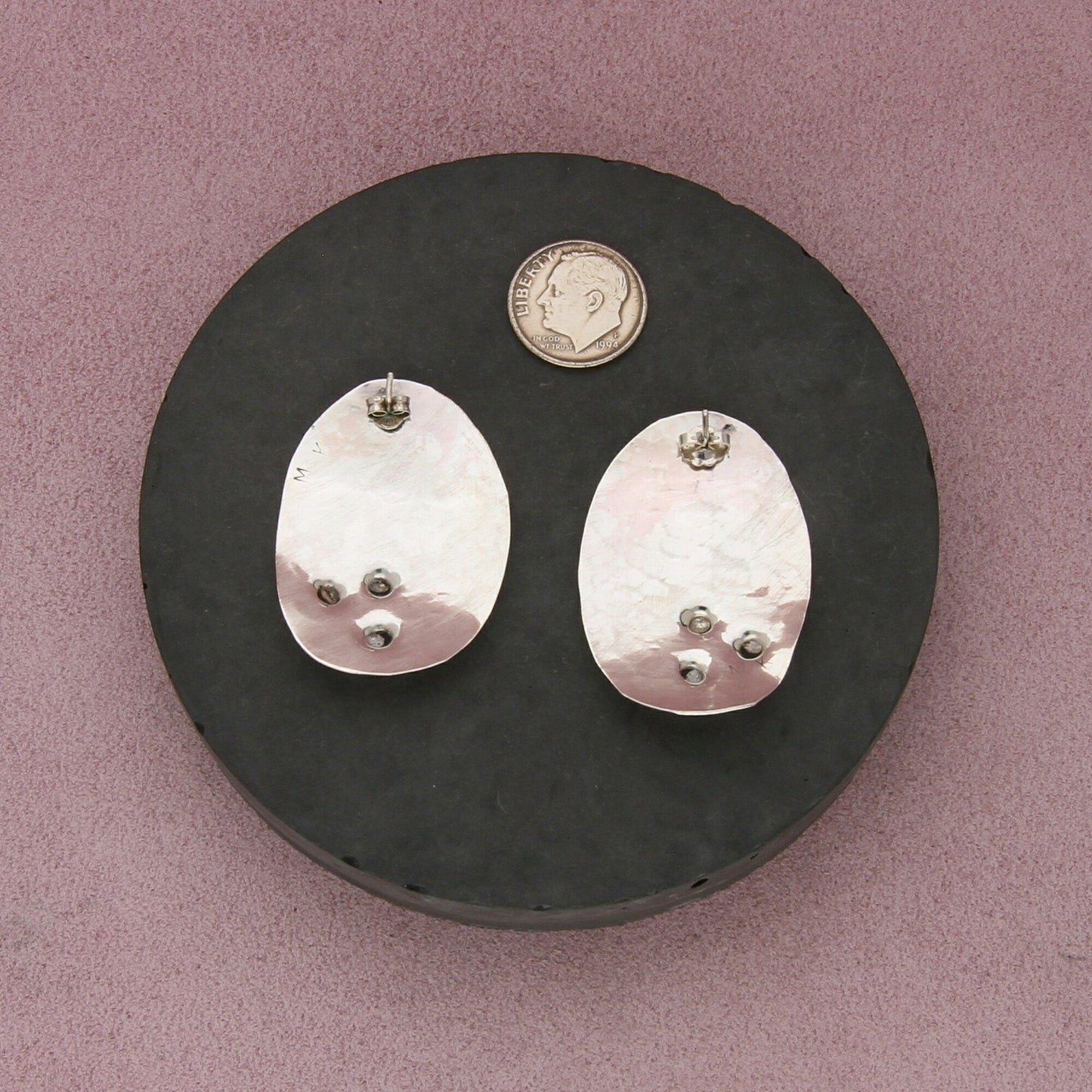 sterling silver hammered beaded oval post earrings