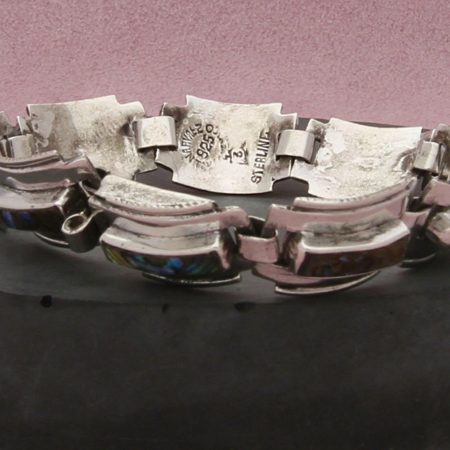 taxco mexico sterling silver vintage abalone panel link bracelet size 6in