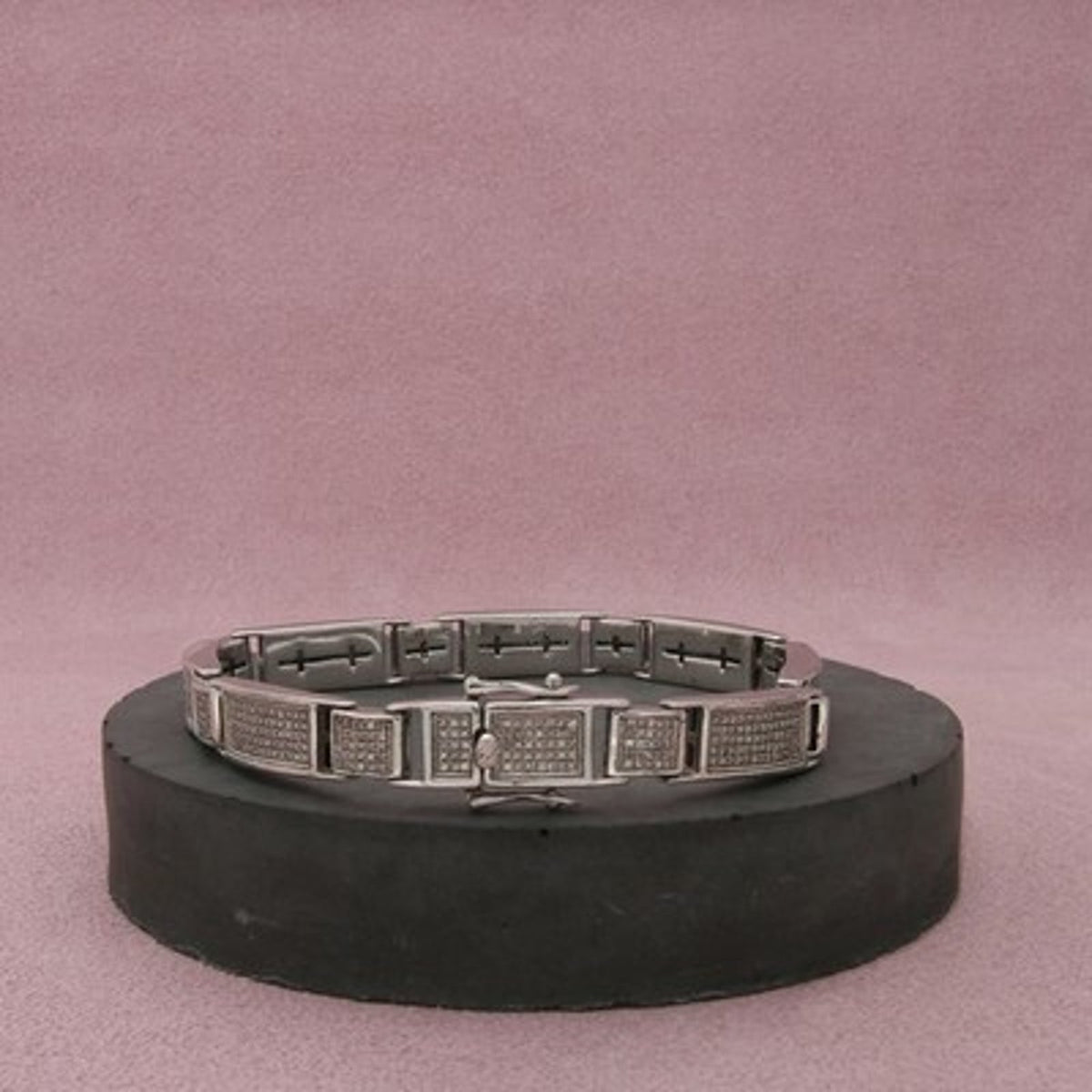 Sterling Silver Men's Iced Out Diamond Grid Panel Bracelet Size 7.75in