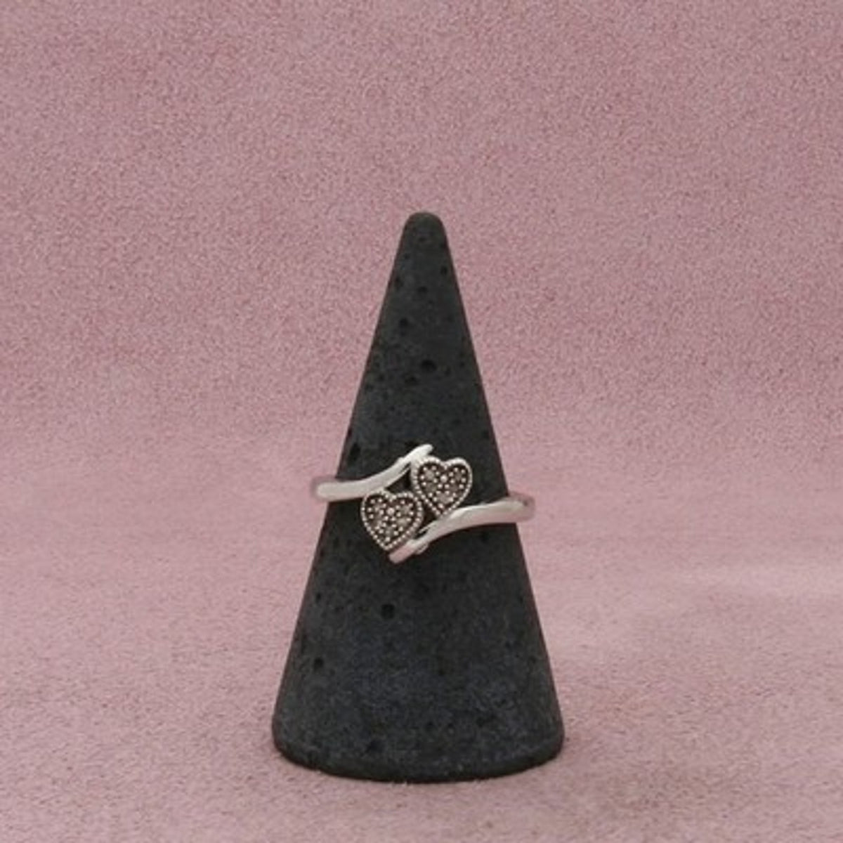 Sterling Silver Pave Diamond Hearts Ring Size 6.75