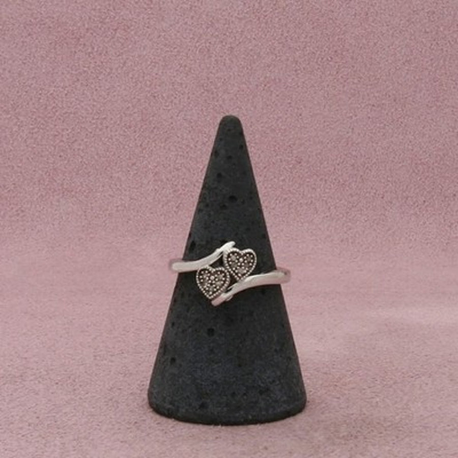 Sterling Silver Pave Diamond Hearts Ring Size 6.75