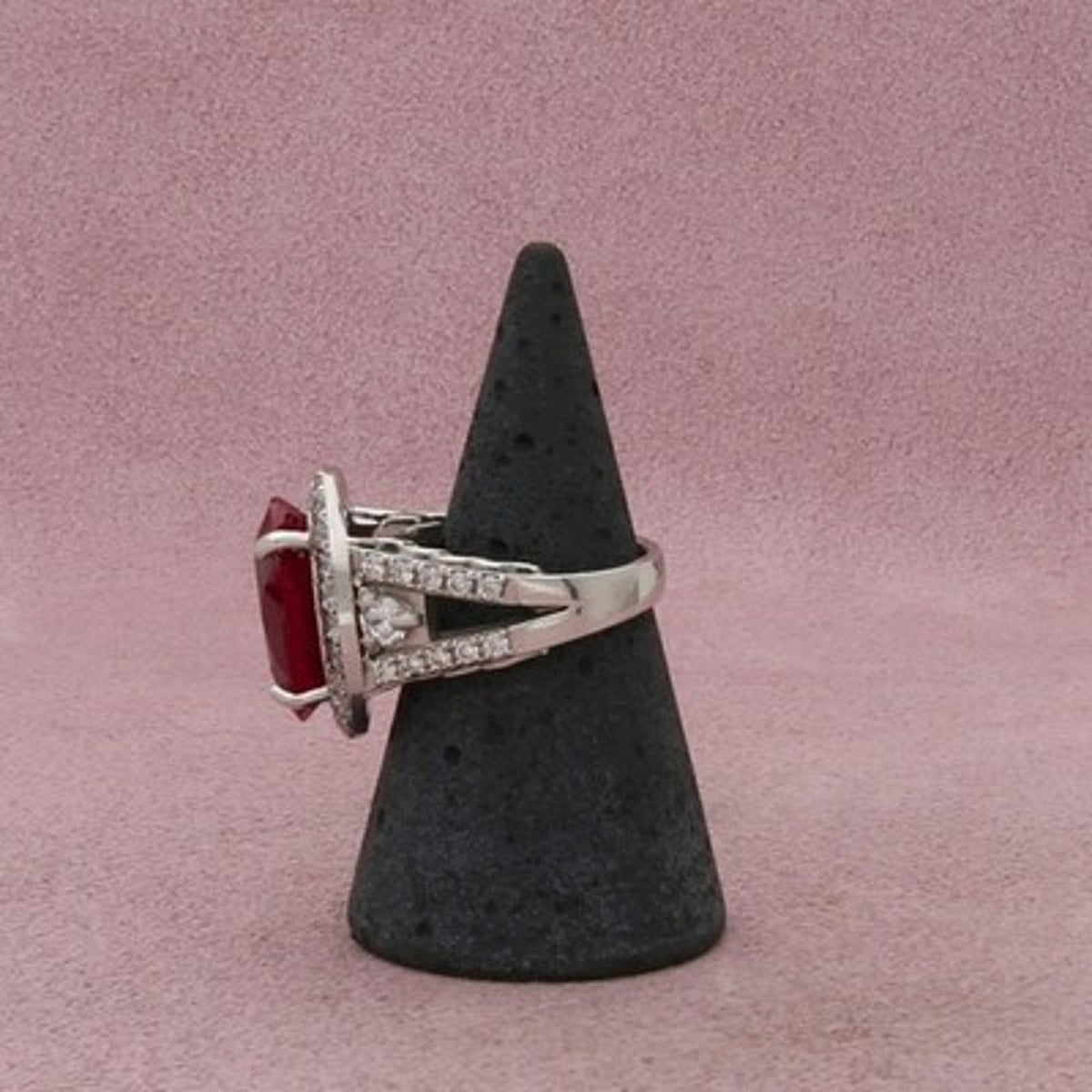 Sterling Silver Oval-Cut Ruby & Cz Halo Cocktail Ring Size 6.5