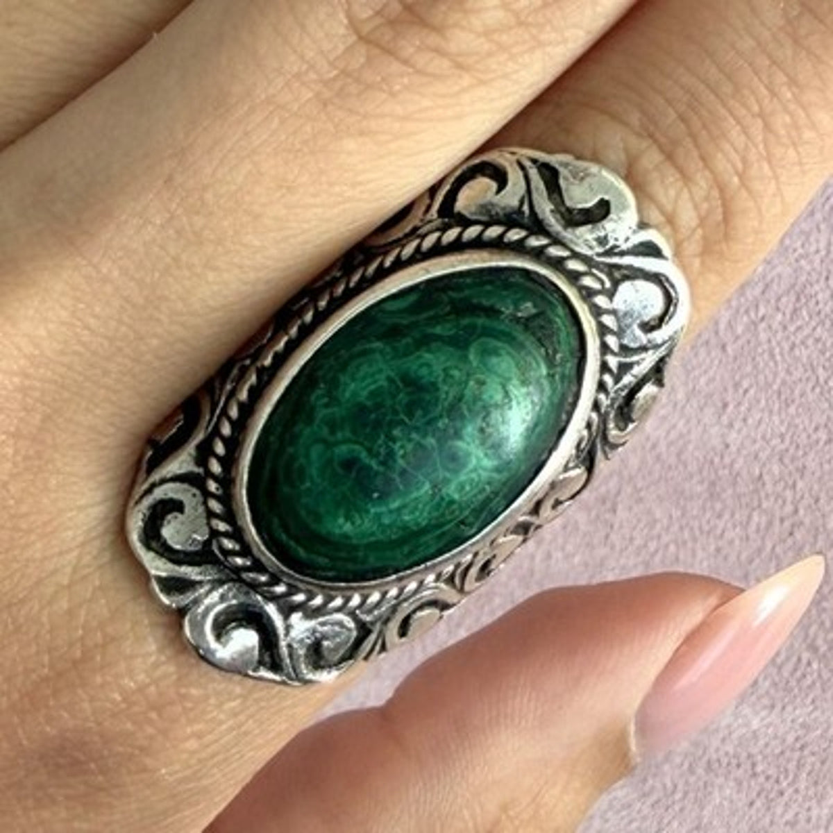 Mexico Sterling Silver Vintage Elongated Malachite Scroll Ring Size 6
