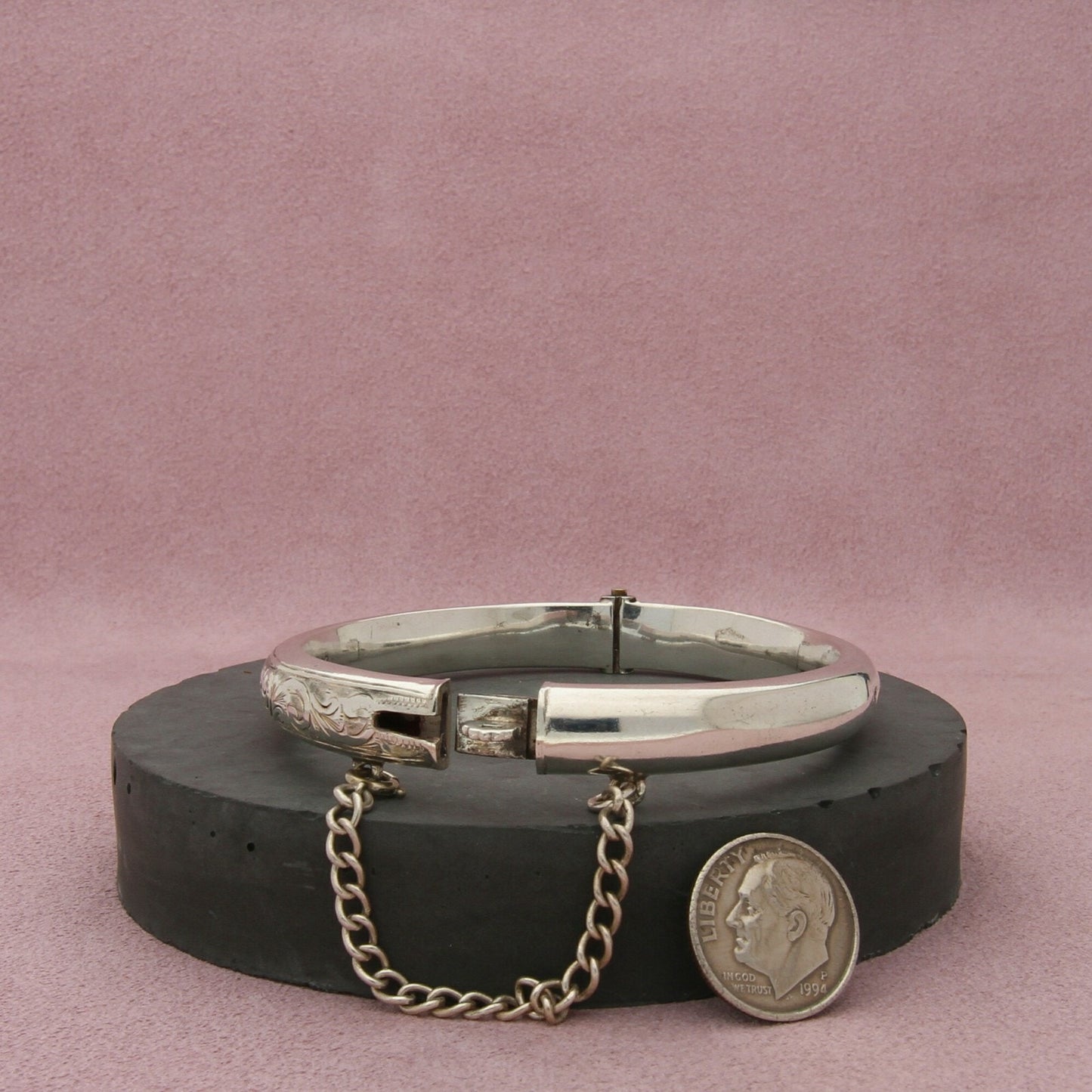 sterling silver vintage british hand etched hinged bracelet size 7in