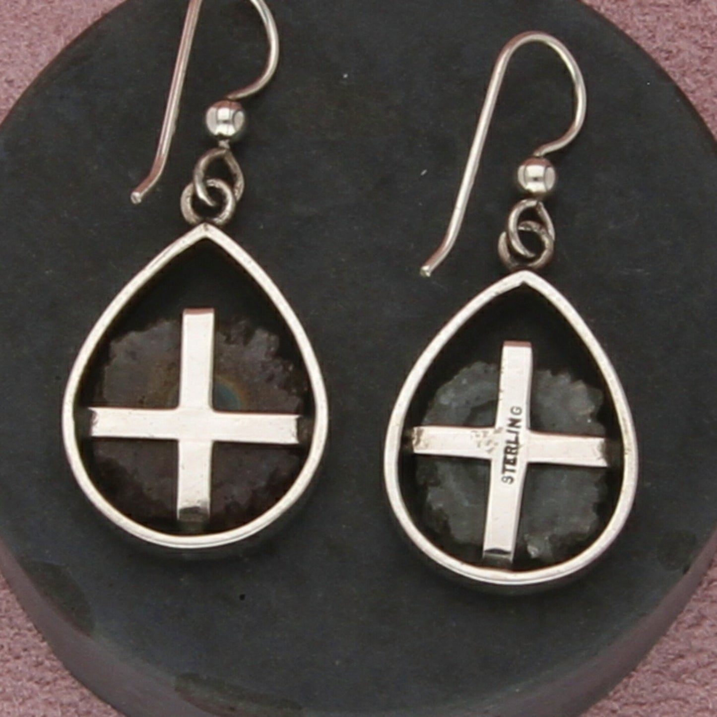 sterling silver vintage artisan-crafted geode slice crystal dangle earrings
