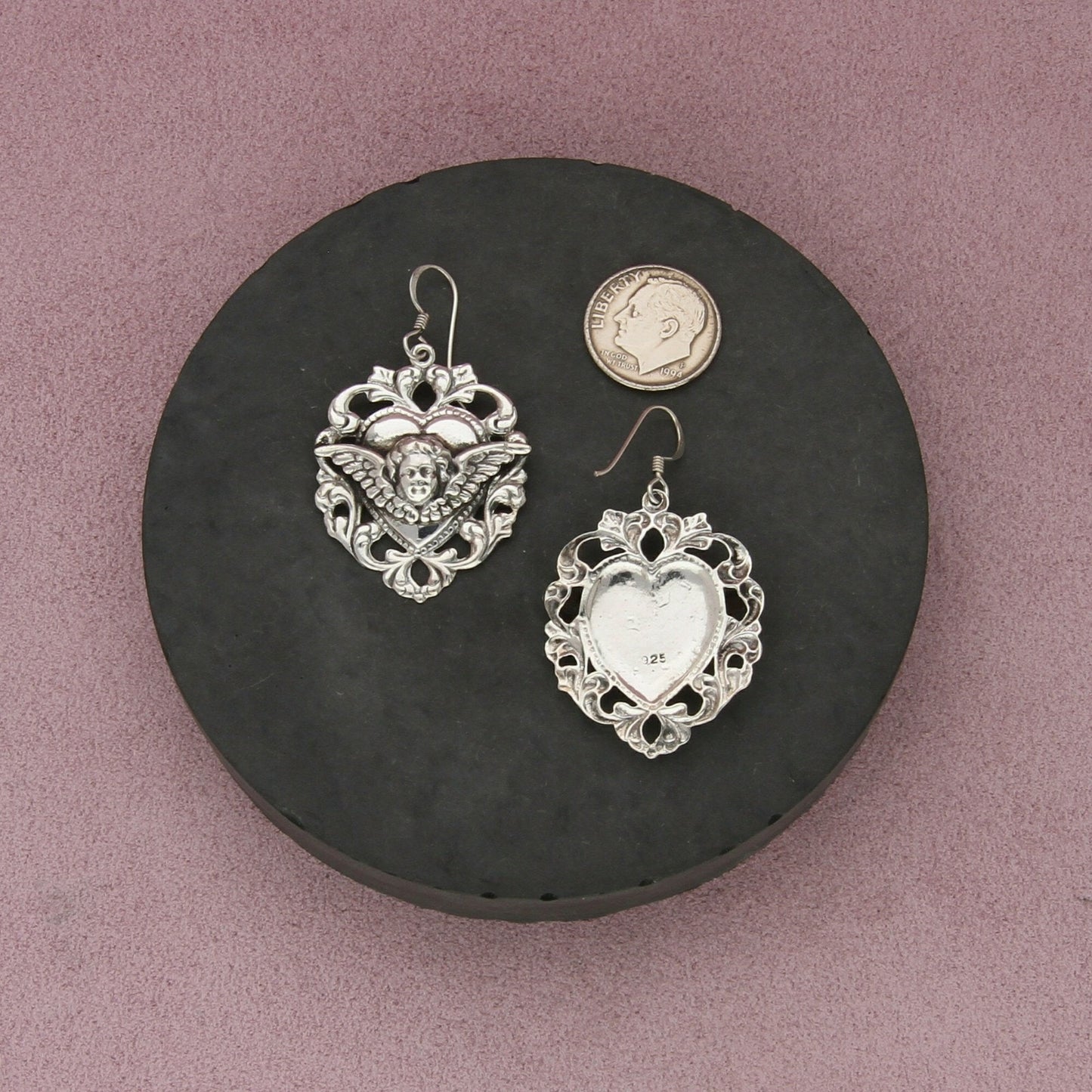 sterling silver vintage cherub angel scroll heart dangle earrings