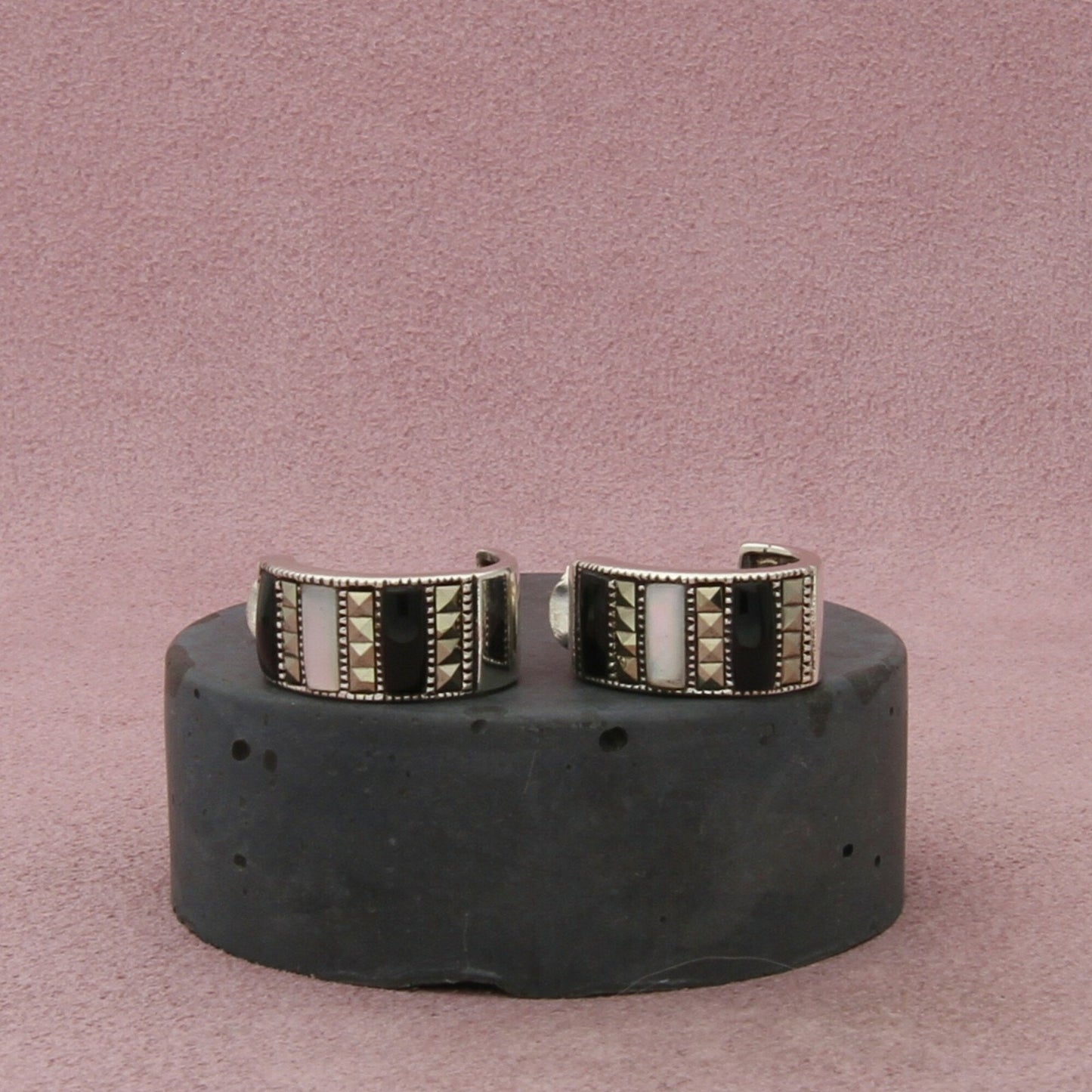 sterling silver onyx mother-of-pearl & marcasite j-hoop earrings