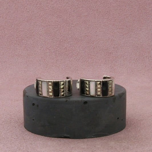 sterling silver onyx mother-of-pearl & marcasite j-hoop earrings