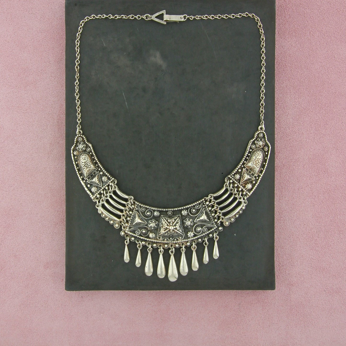 mexico sterling silver vintage filigree scroll fringe bib necklace size 18in