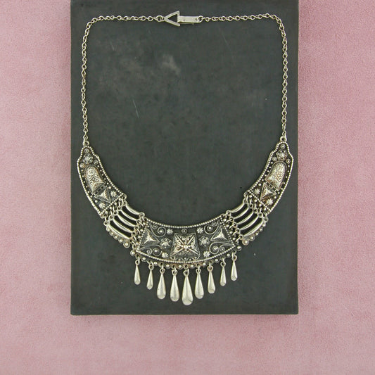 mexico sterling silver vintage filigree scroll fringe bib necklace size 18in