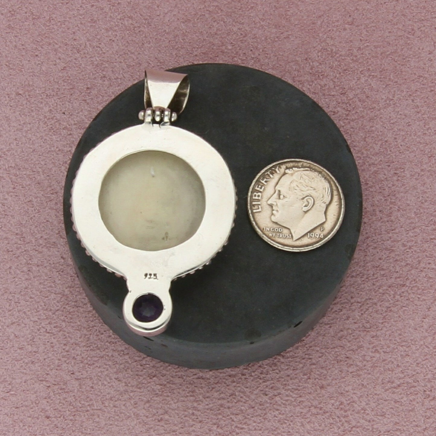 sterling silver bali amethyst & carved moon face pendant