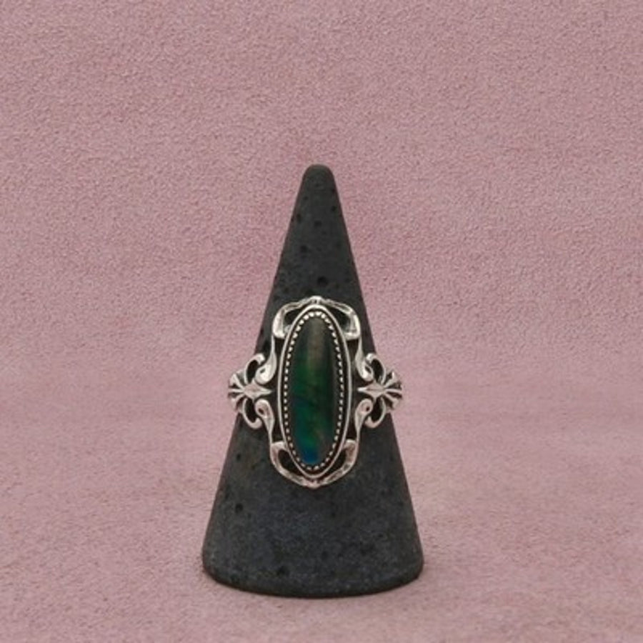Sterling Silver Vintage Abalone Southwestern Oval Scrollwork Ring Size 8.75