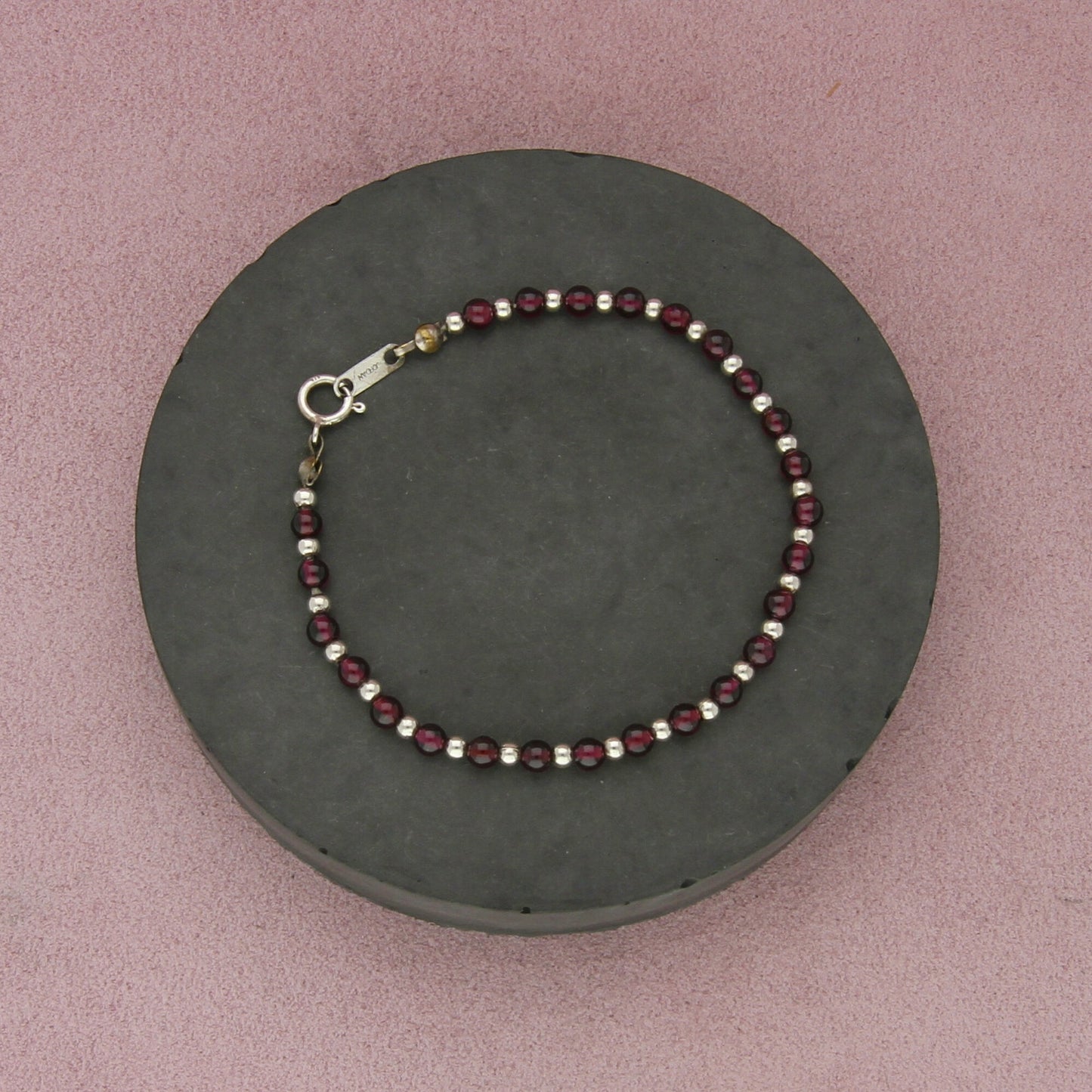 sterling silver 4mm rhodolite bead bracelet size 7.25in