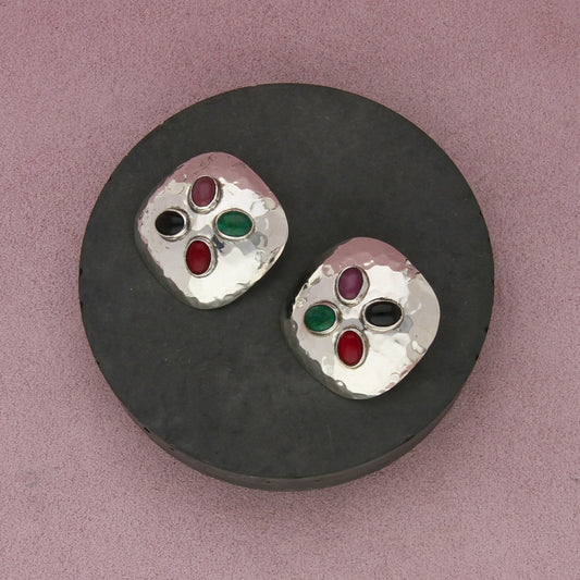 taxco mexico sterling silver vintage onyx coral hammered clip-on earrings