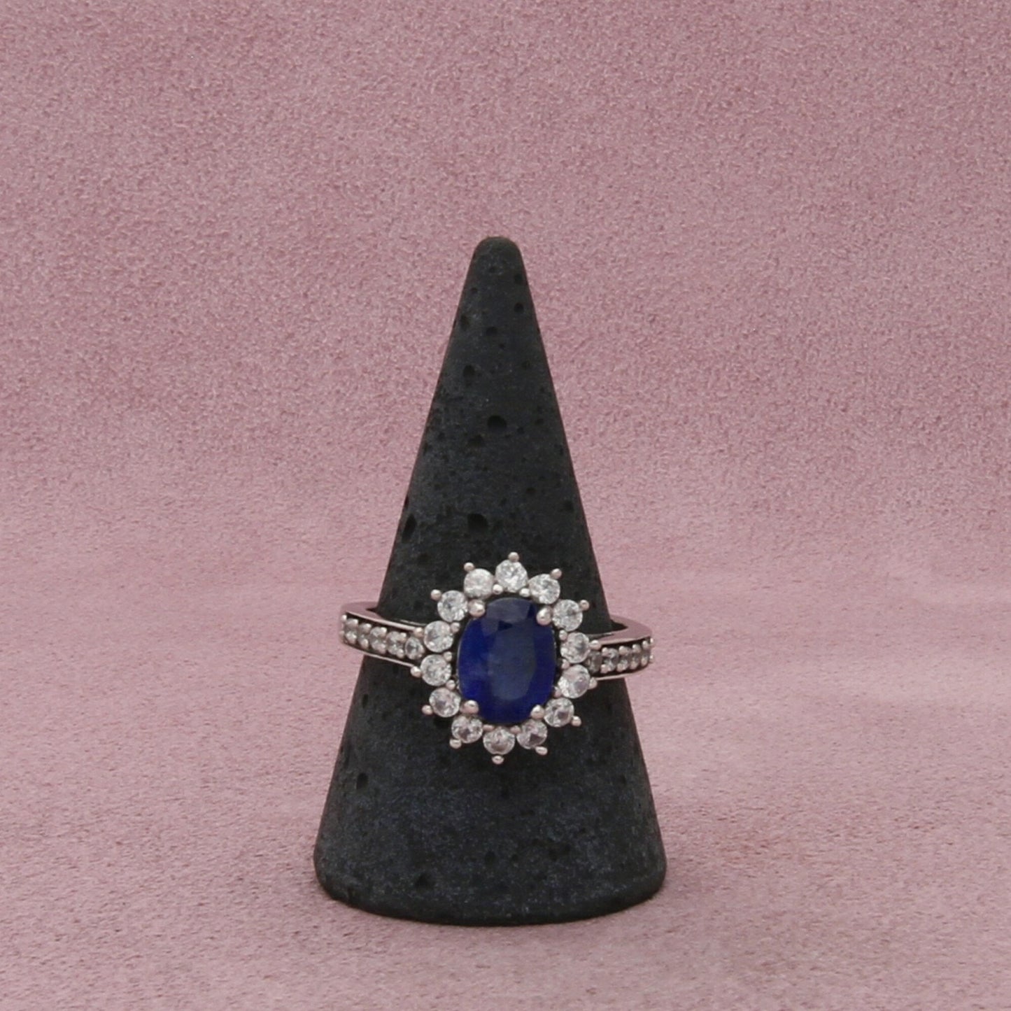 sterling silver oval-cut deep blue topaz & cz halo ring size 9.75