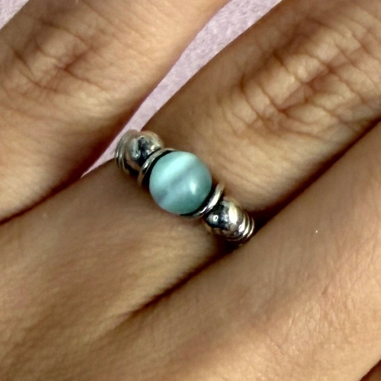 sterling silver wire wrapped blue cats eye bead ring size 5