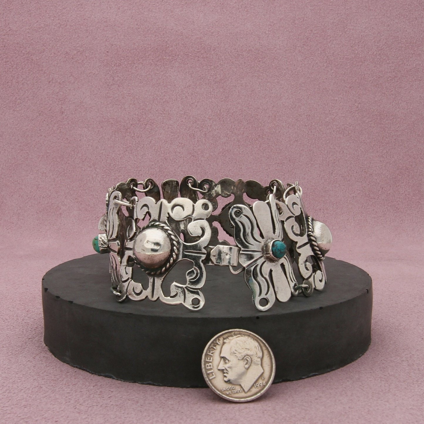 mexico sterling silver vintage 1940s turquoise panel link bracelet size 7.25in