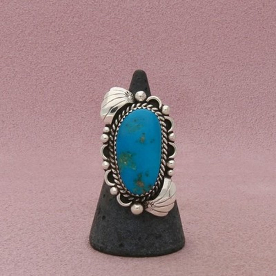 Navajo Sterling Silver Vintage Signed Oval Turquoise Feathers Ring Size 6.75