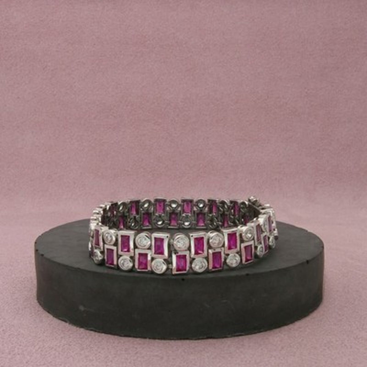 Sterling Silver Bezel-Set Red Ruby & C Z Two Row Tennis Bracelet Size 7in