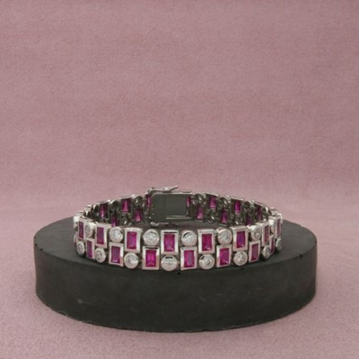Sterling Silver Bezel-Set Red Ruby & C Z Two Row Tennis Bracelet Size 7in