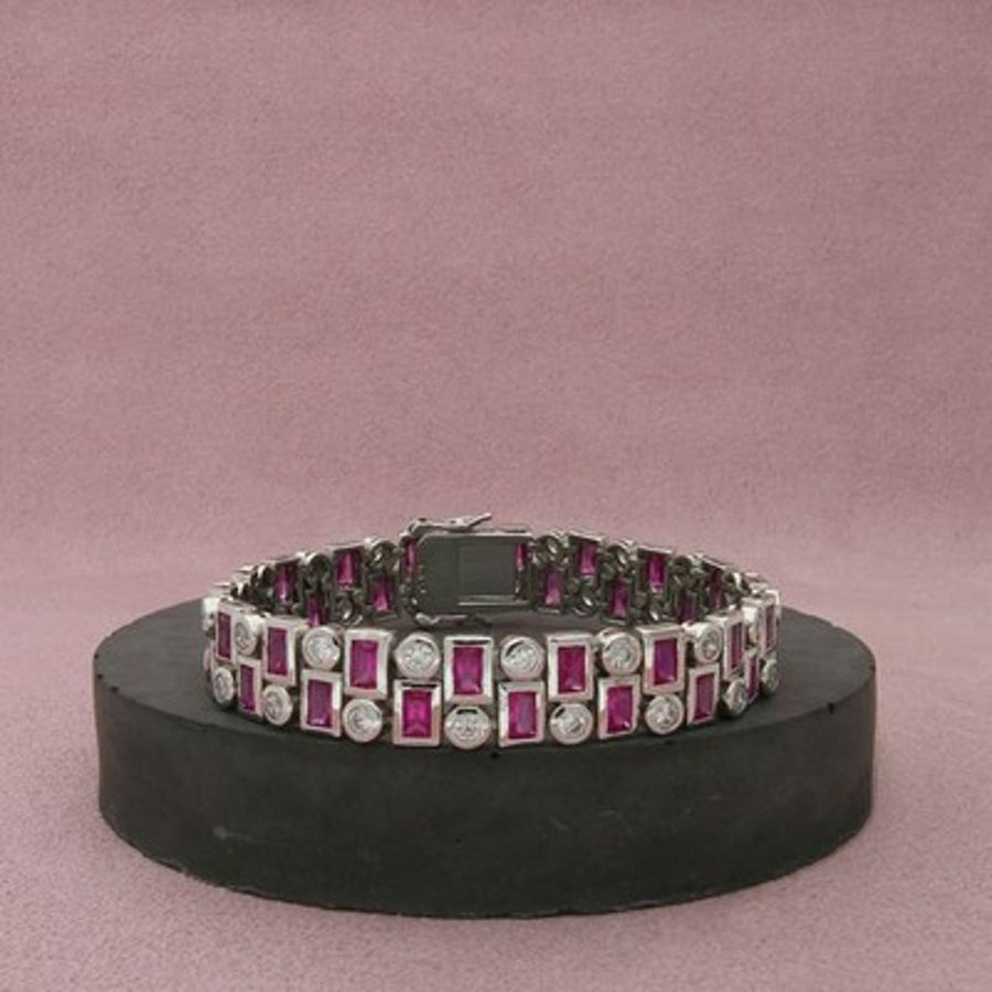 Sterling Silver Bezel-Set Red Ruby & C Z Two Row Tennis Bracelet Size 7in
