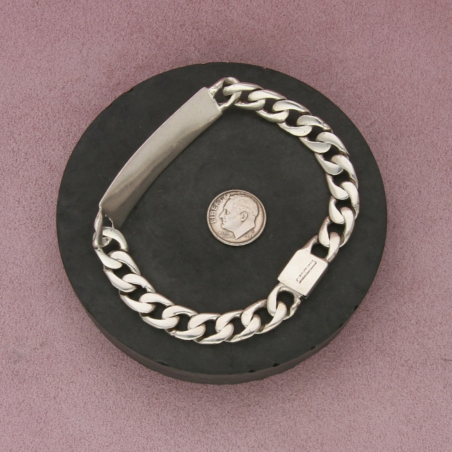 sterling silver mens vintage diamond-cut cuban chain id bracelet size 8.75in