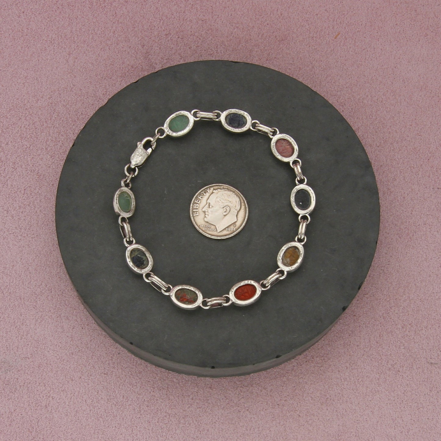 sterling silver vintage multi-stone scarab beetle link bracelet size 7in
