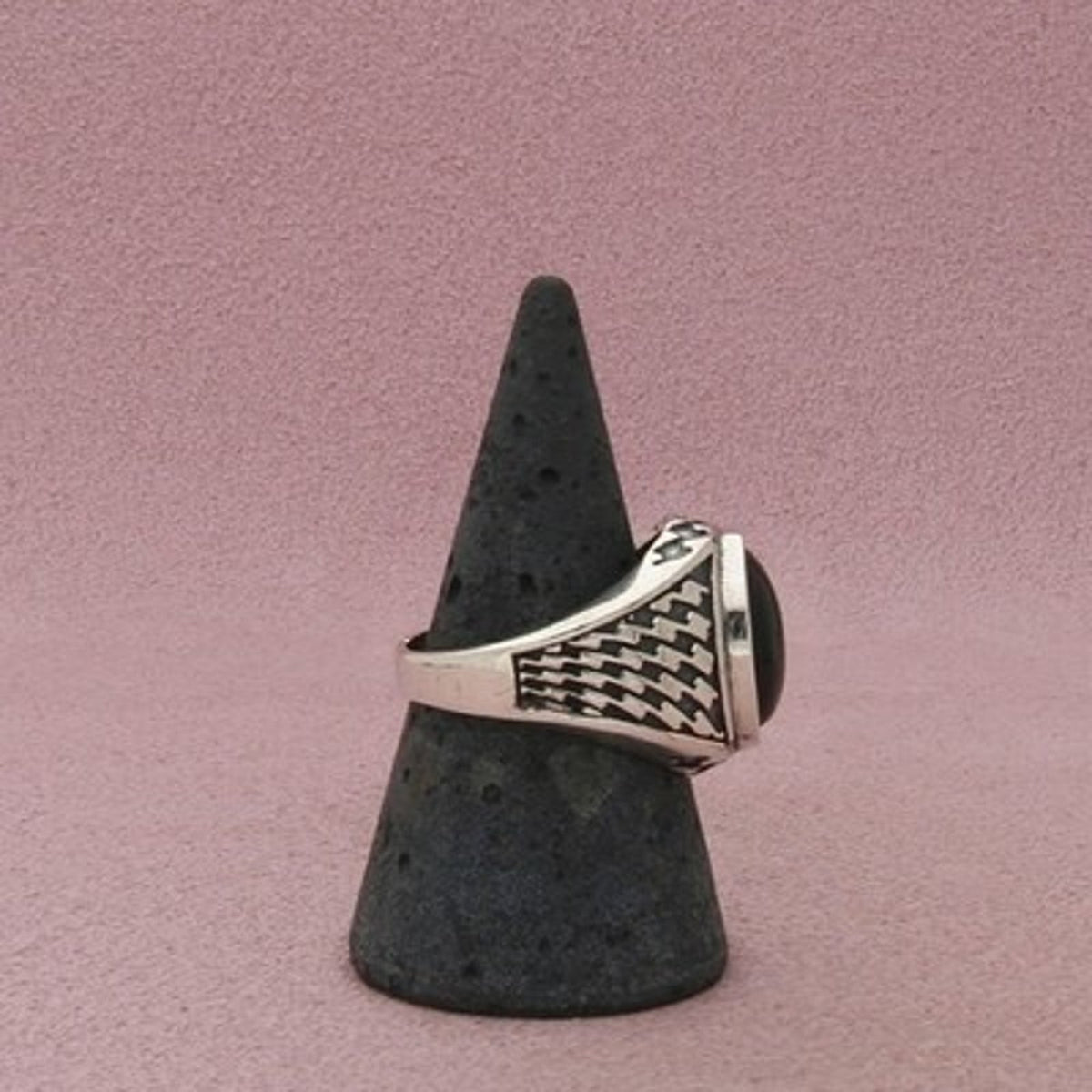 Sterling Silver Men's Vintage Oval Onyx Geometric Signet Ring Size 9
